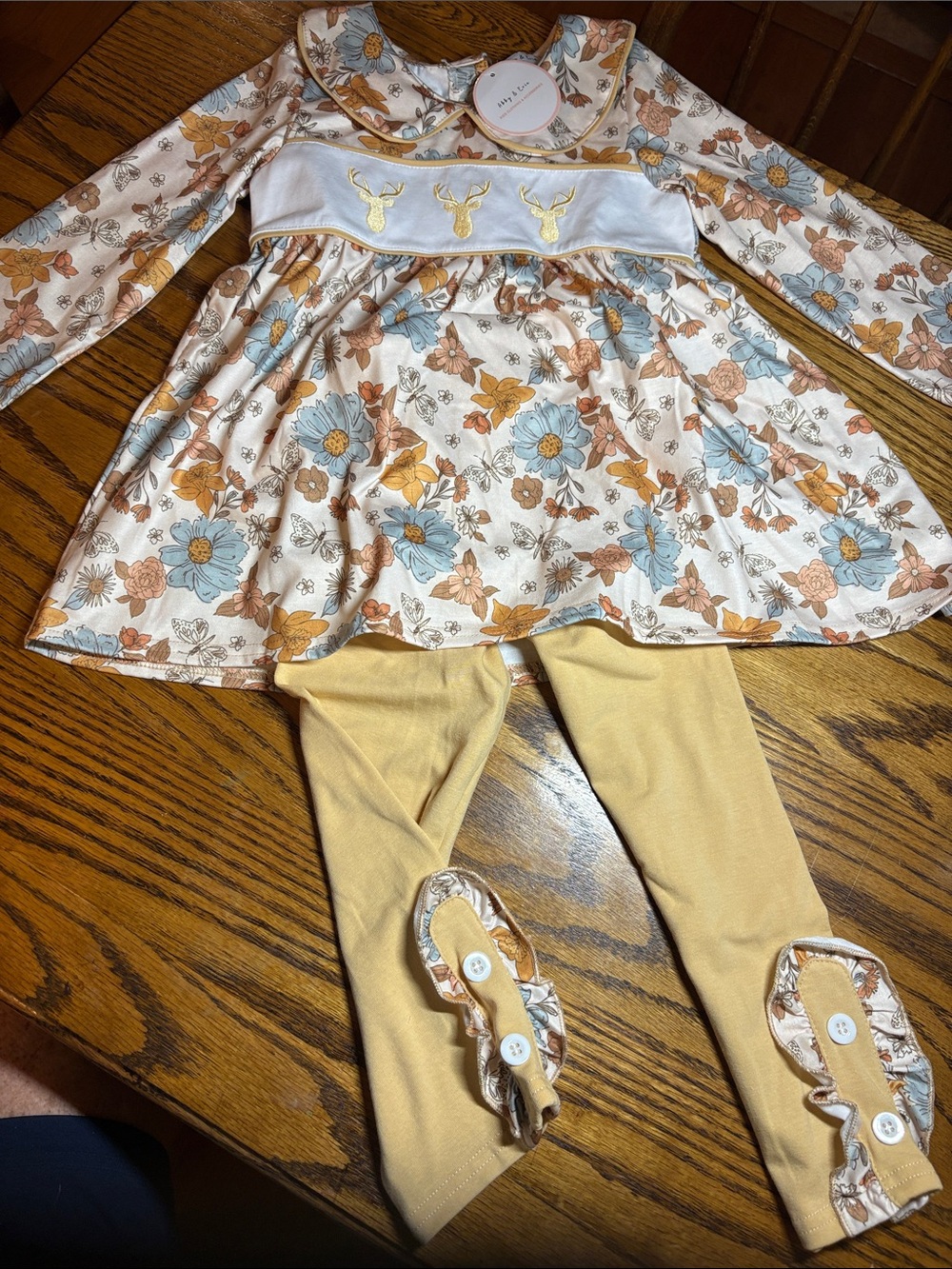 Girls Cream Floral Smocked Tunic with Yellow Leggings Matching Set